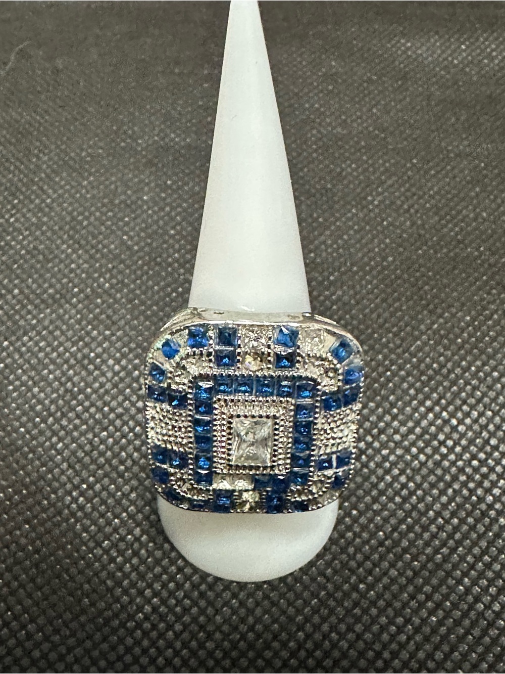 Blue and Silver Art Deco Square Statement Ring - Size 8
